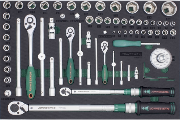 Zestaw nasadek 1/4" 3/8" 1/2" oraz kluczy dynamometrycznych 10-200Nm 65szt. narzędzi we wkładce EVA