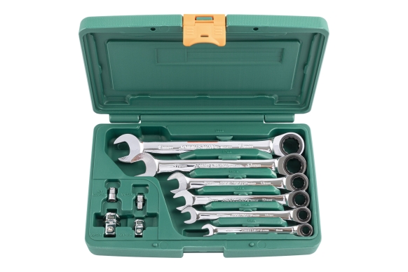 Zestaw 6szt. kluczy płasko-oczkowych z grzechotką 8-19mm i 4szt. adapterów