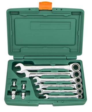 Zestaw 6szt. kluczy płasko-oczkowych z grzechotką 8-19mm i 4szt. adapterów