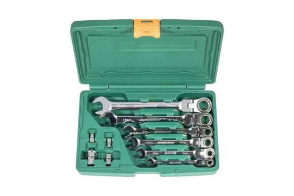 Zestaw 6szt. kluczy płasko-oczkowych przegubowych z grzechotką 8-19mm i 4szt. adapterów