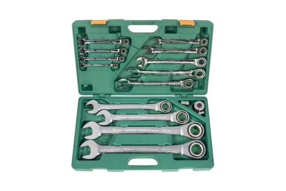 Zestaw 13szt. kluczy płasko-oczkowych z grzechotką 8-32mm i 4szt. adapterów